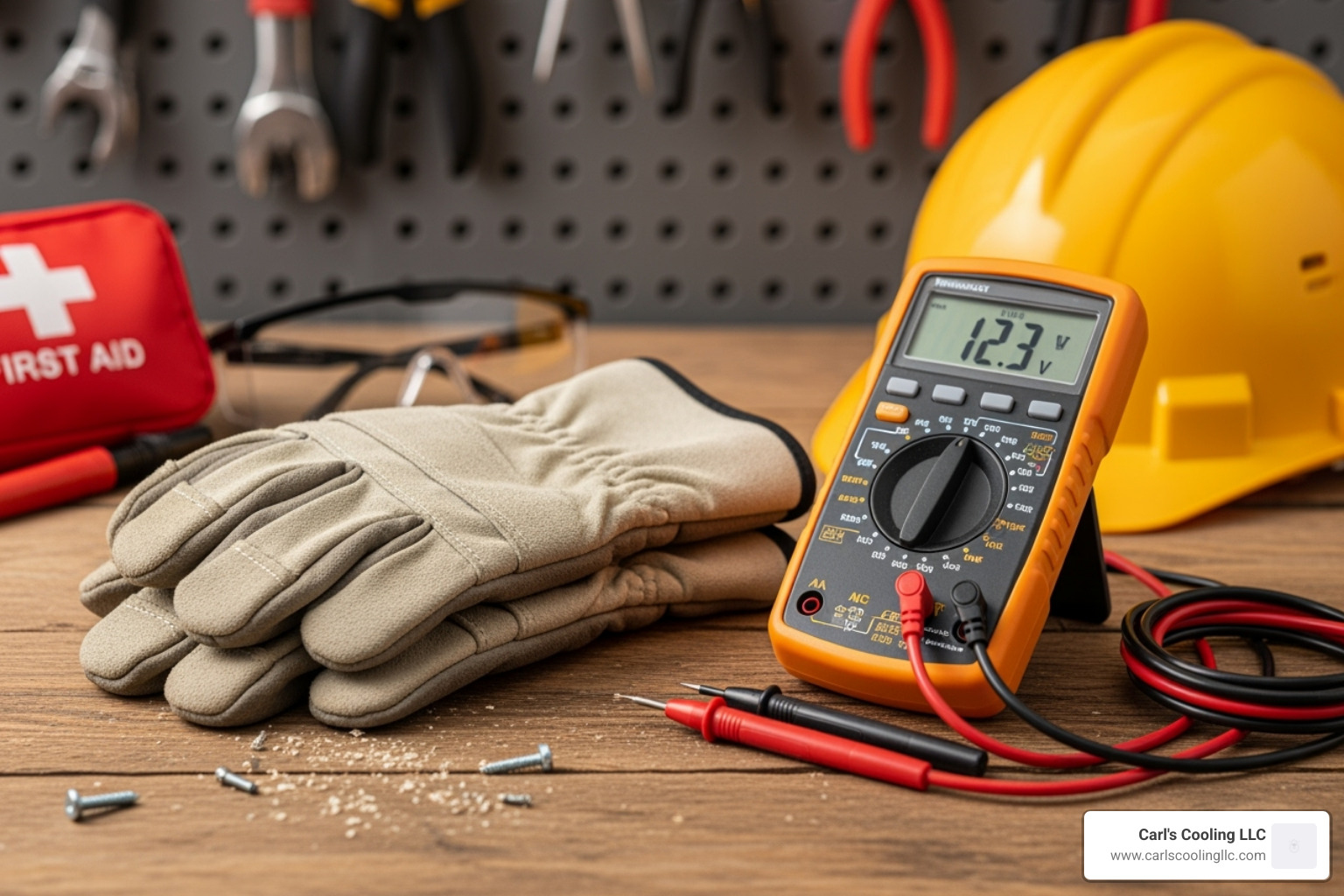 Safety gear including gloves and a multimeter - furnace ignitor replacement