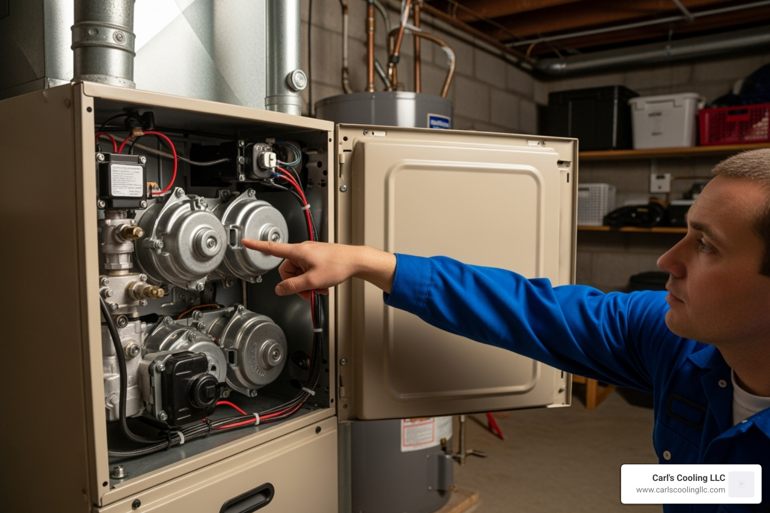 Technician pointing to a furnace's burner assembly - furnace ignitor replacement