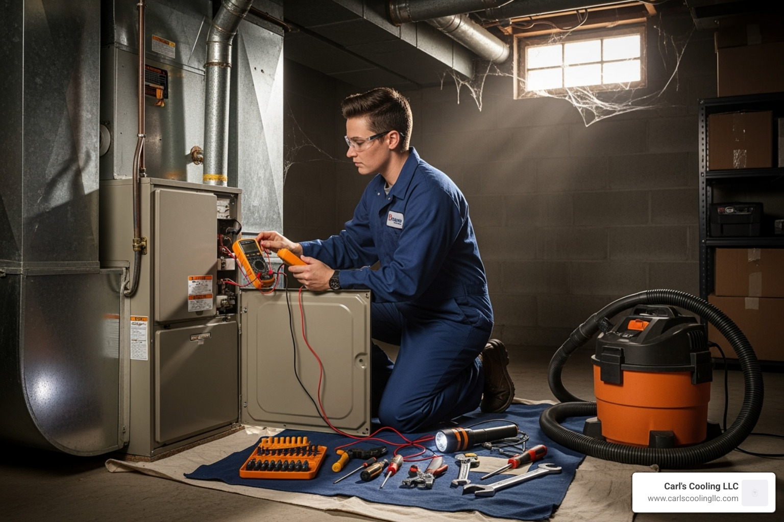 HVAC technician performing annual furnace maintenance - Furnace leaking water