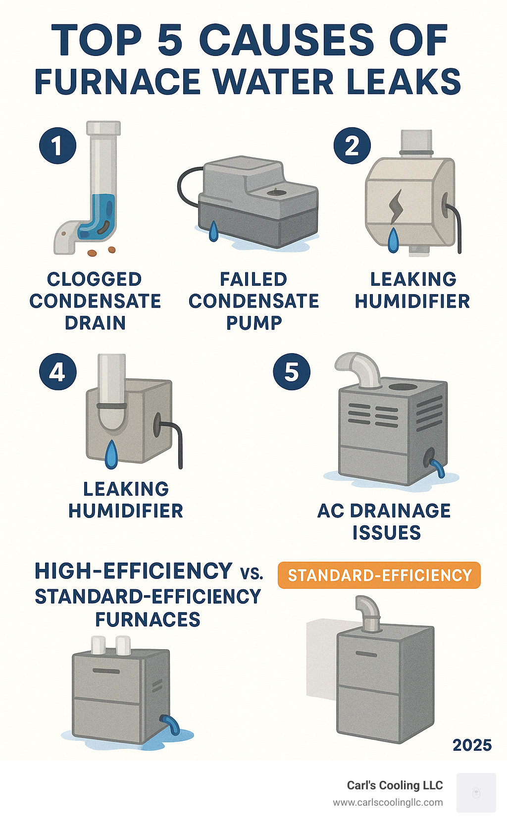 Infographic showing the top 5 causes of furnace water leaks with visual diagrams of clogged condensate drains, failed pumps, cracked heat exchangers, leaking humidifiers, and AC drainage issues, along with identification guide for high-efficiency vs standard-efficiency furnaces - Furnace leaking water infographic 