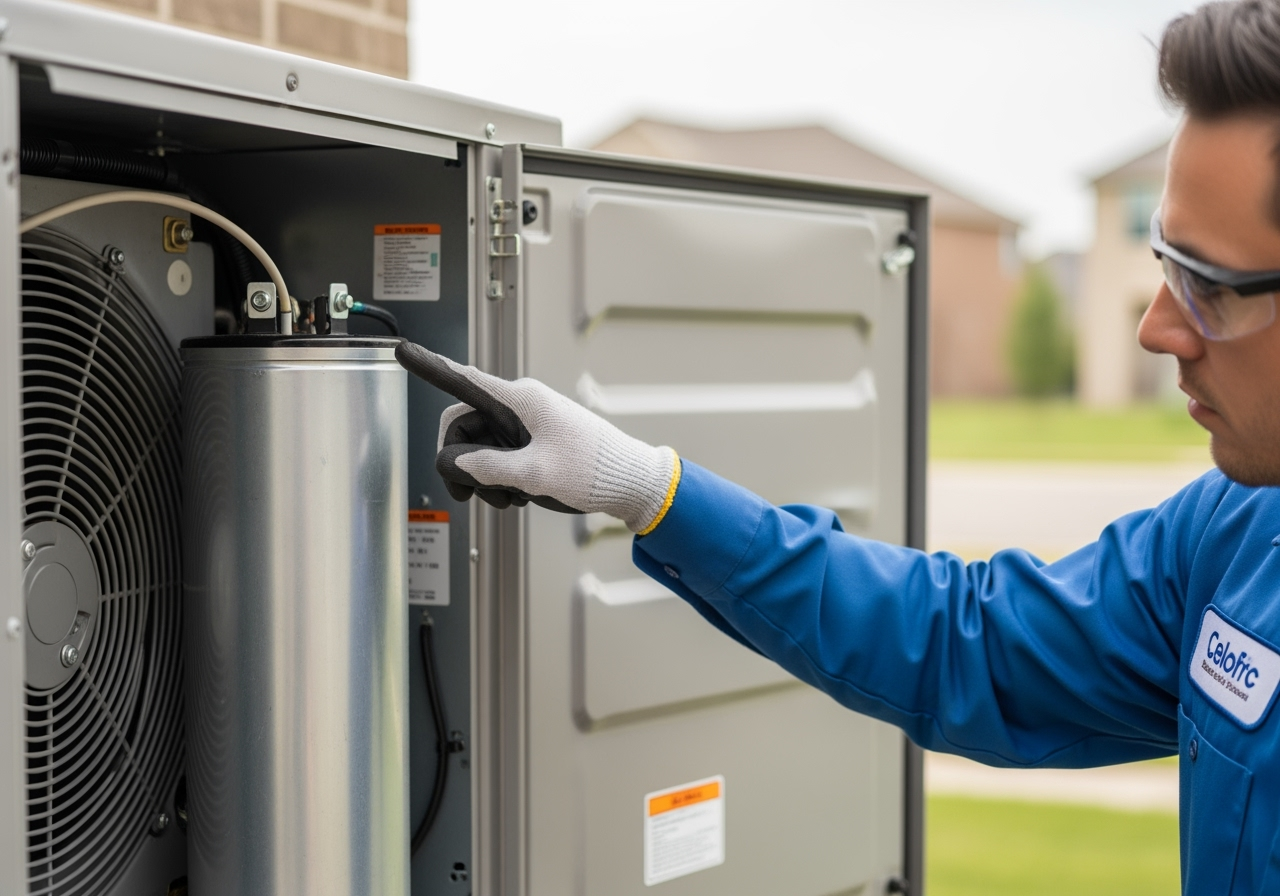 image of a technician pointing to an AC capacitor - AC fan not working