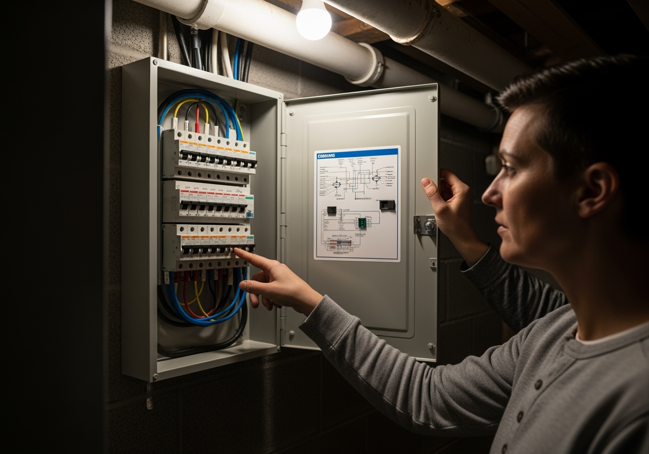 image of a homeowner checking their circuit breaker panel - AC fan not working
