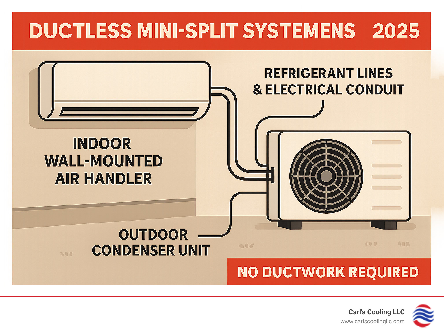 Infographic showing ductless mini-split system components: outdoor condenser unit connected via refrigerant lines and electrical conduit to indoor wall-mounted air handler, with no ductwork required - Ductless AC Conroe infographic 