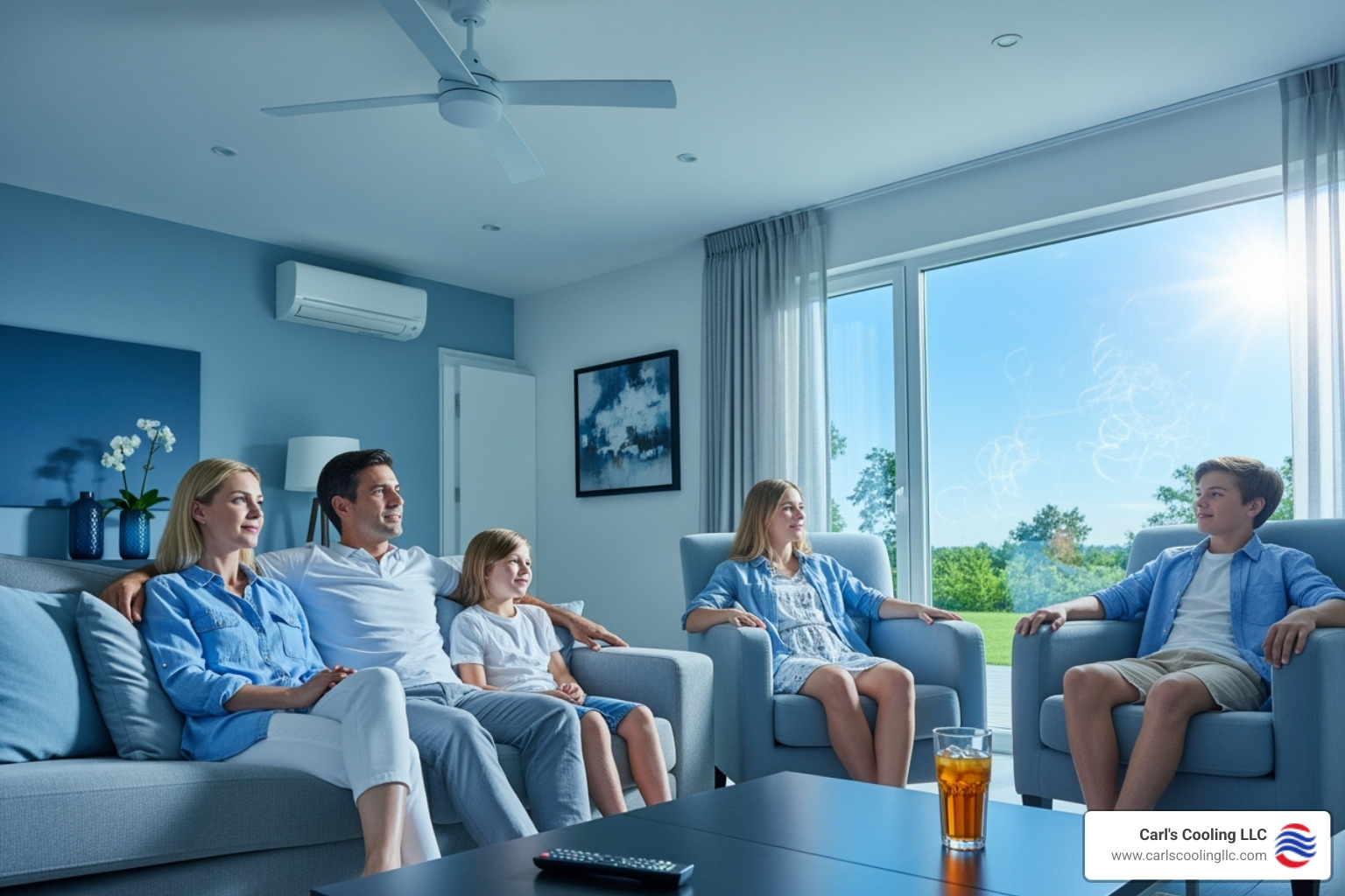 Family enjoying cool room while hot outside - Ductless AC Conroe