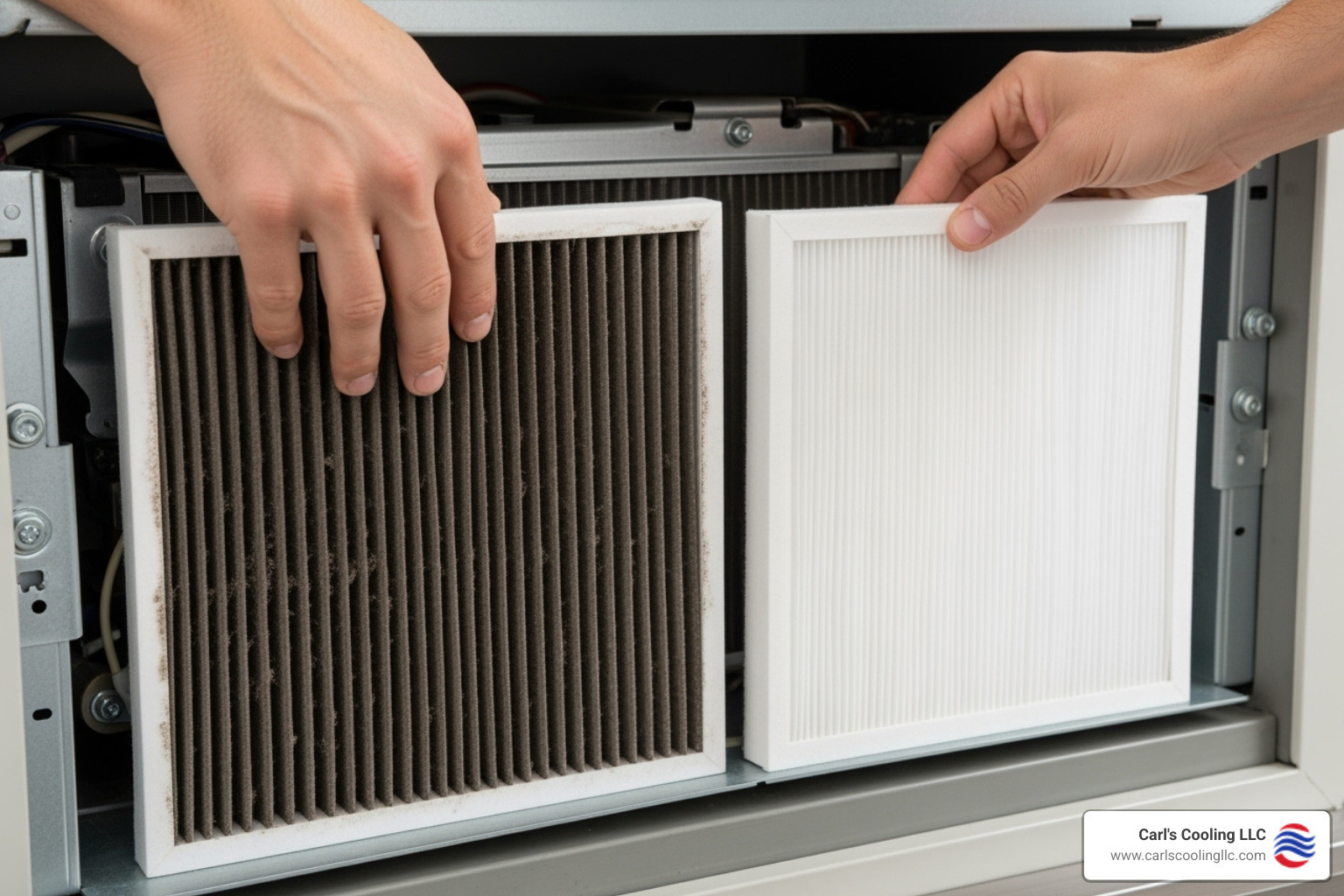 a homeowner changing a clean air filter next to a dirty one - AC not cooling