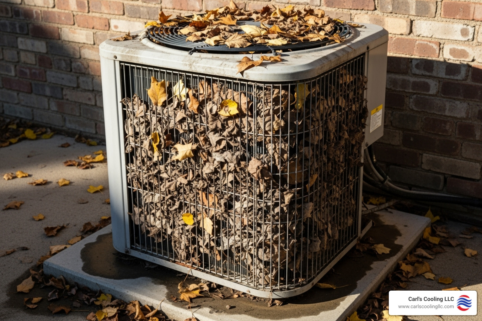 a dirty outdoor condenser unit covered in leaves - AC not cooling