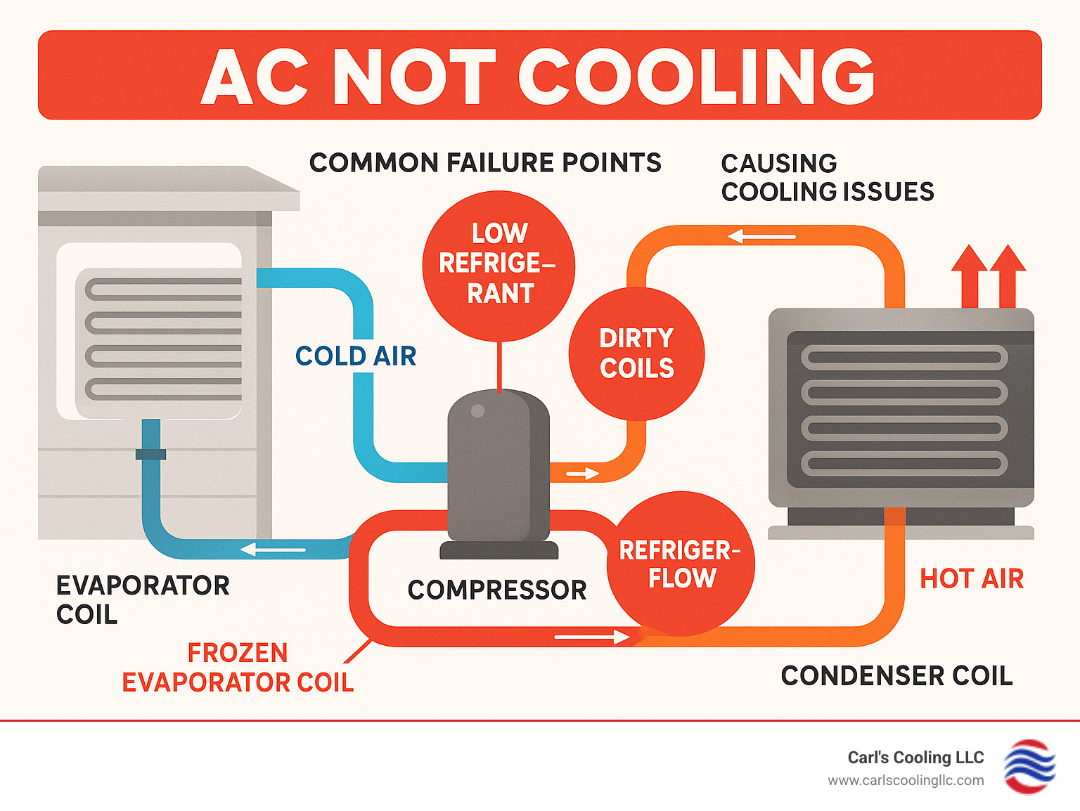 Detailed infographic showing the AC refrigeration cycle with labeled components including evaporator coil, compressor, condenser coil, and refrigerant flow, plus common failure points that cause cooling issues - AC not cooling infographic 