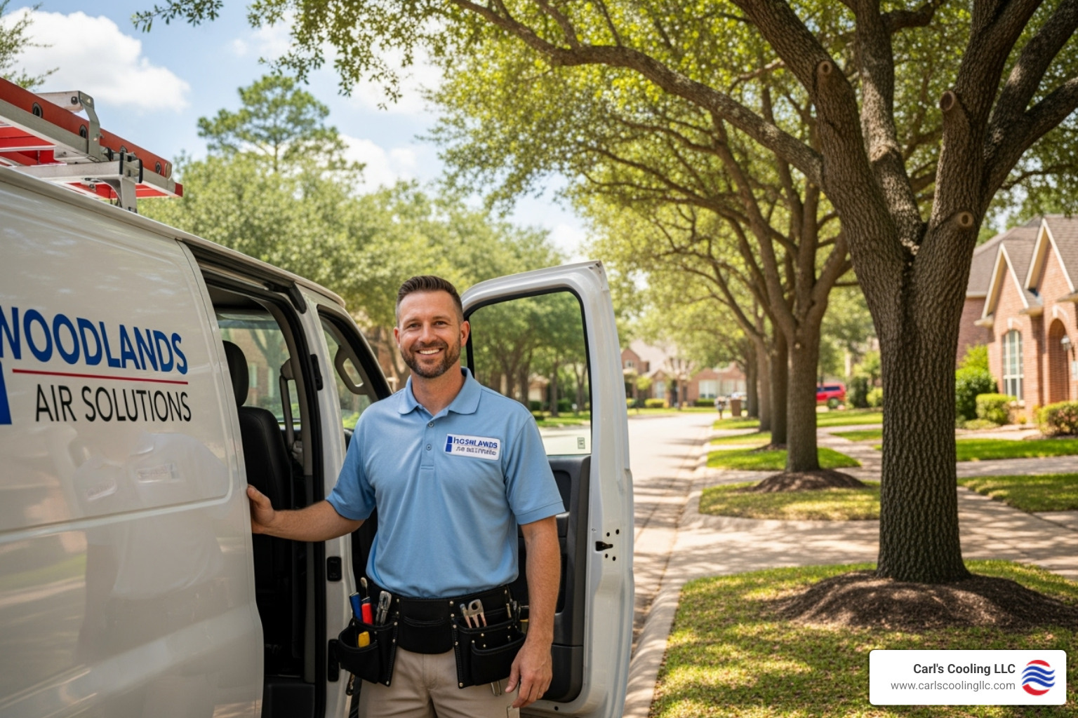 Image of a friendly technician with a company van in a suburban The Woodlands neighborhood - Furnace maintenance The Woodlands