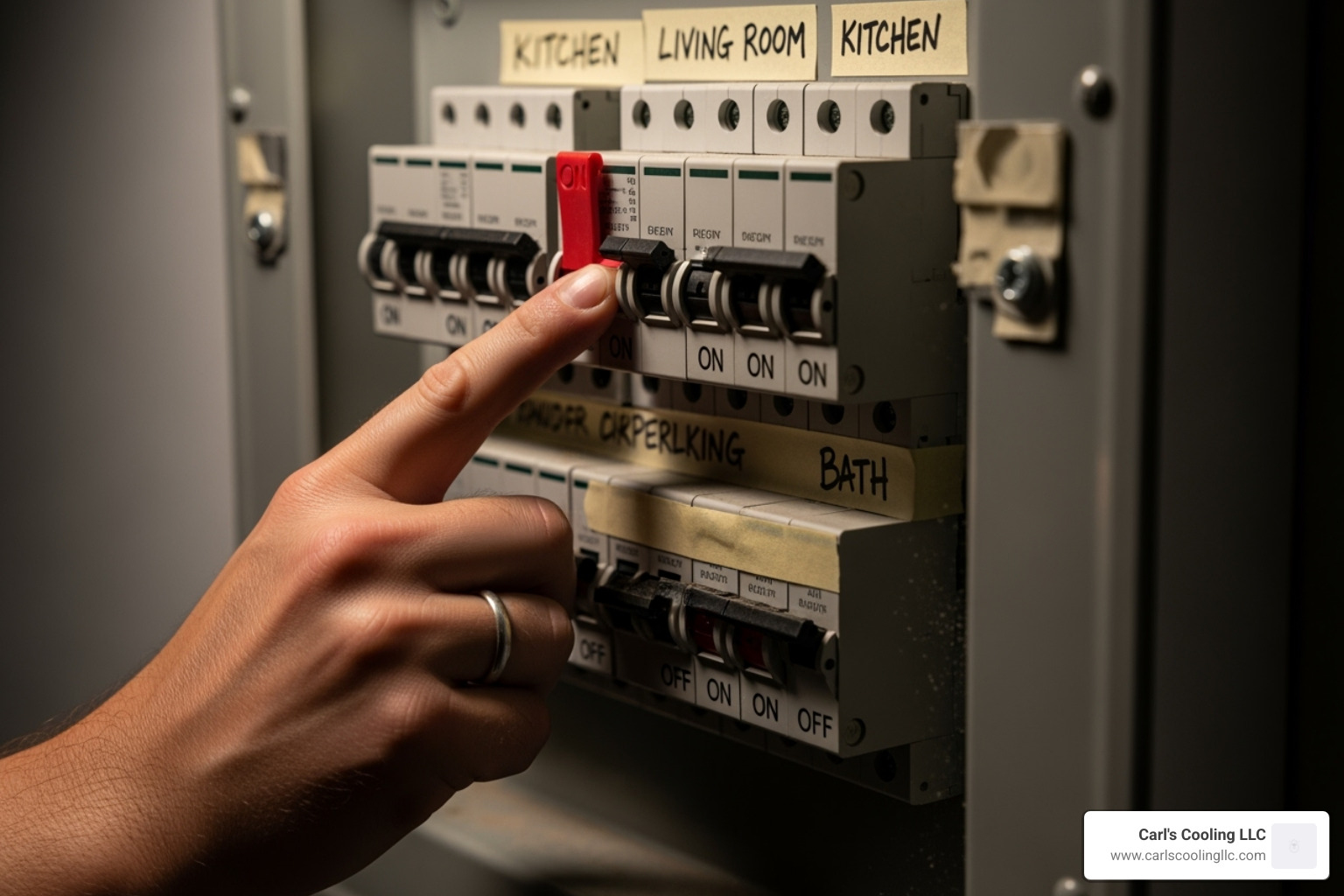 Hand resetting a tripped circuit breaker in a home electrical panel - AC won't turn on