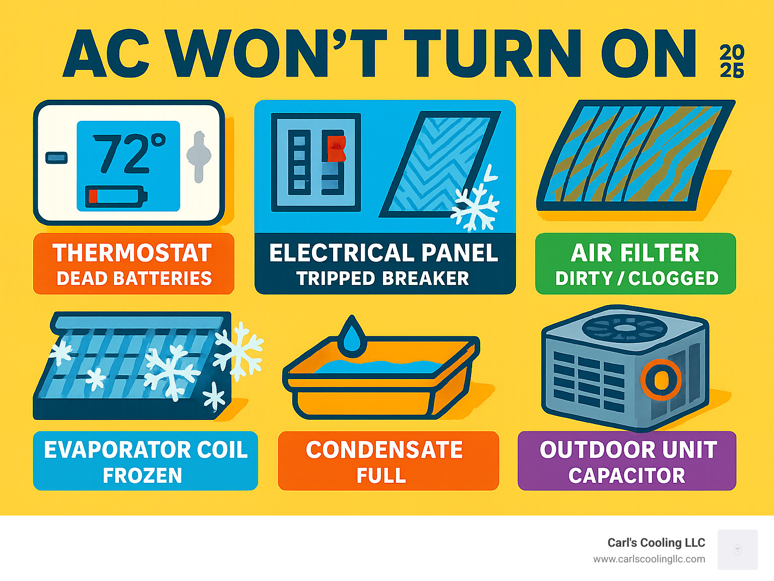 Infographic showing AC system components and common failure points: thermostat with dead battery icon, electrical panel with tripped breaker, dirty air filter blocking airflow, frozen evaporator coil with ice crystals, full condensate drain pan with overflow indicator, and outdoor unit with capacitor location marked - AC won't turn on infographic 