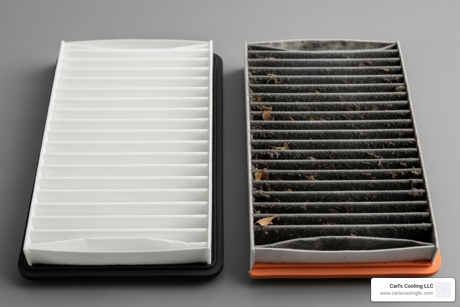 Comparison of a clean white air filter to a dirty, clogged one - AC won't turn on