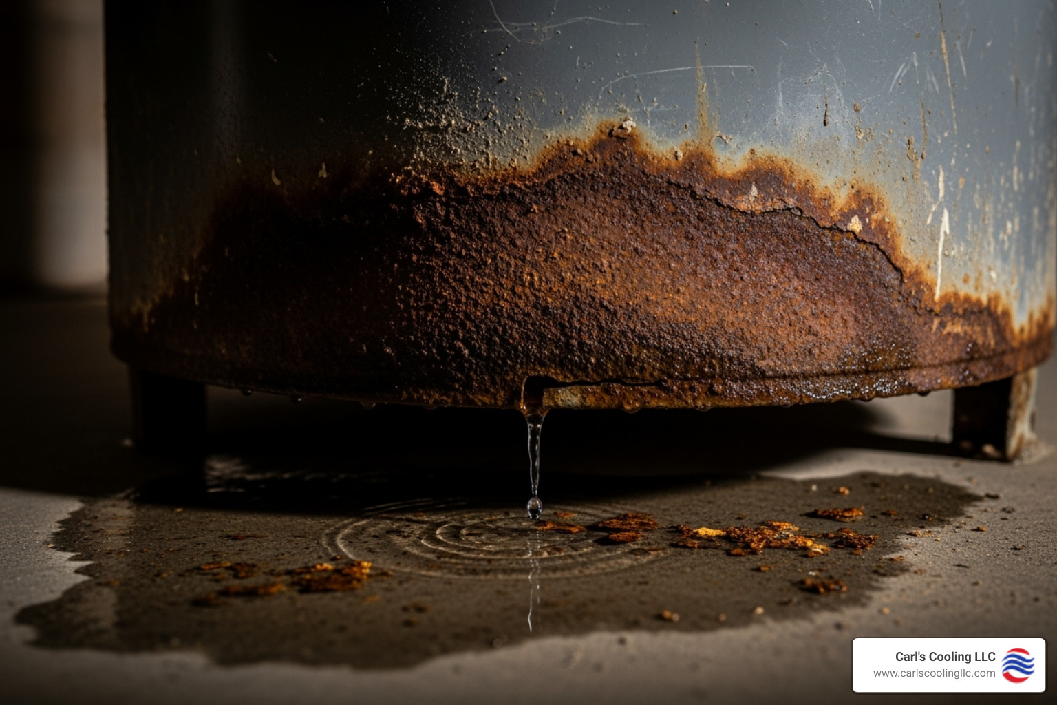 Corroded water heater tank base with visible leak - water heater replacement jersey village