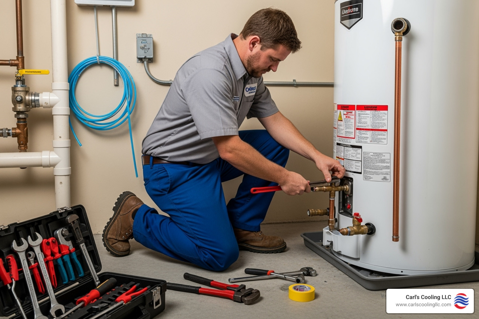 Professional plumber installing a new water heater - water heater replacement jersey village