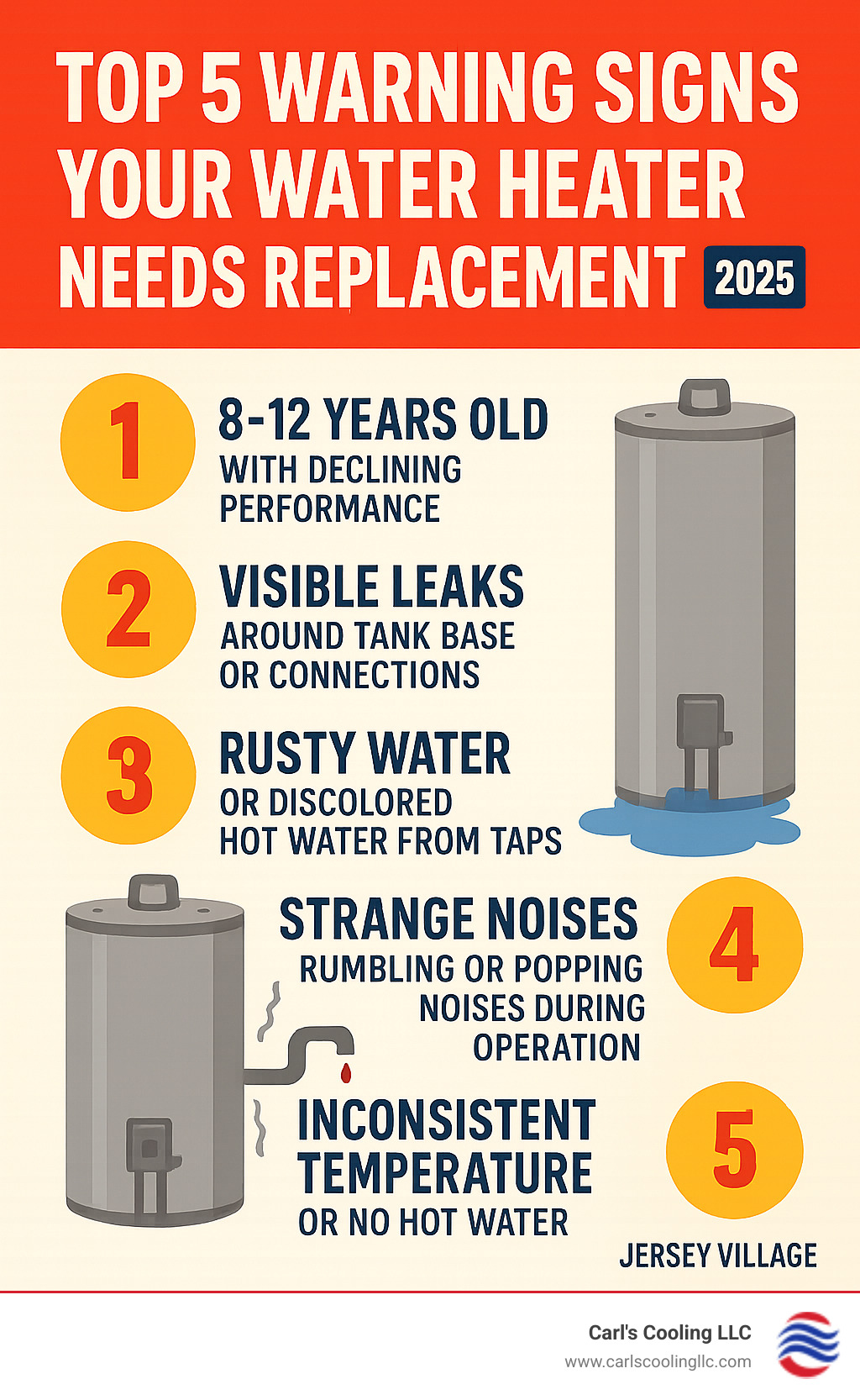 Comprehensive infographic showing the top 5 warning signs your water heater needs replacement in Jersey Village: 1) Age 8-12 years with declining performance, 2) Visible leaks around tank base or connections, 3) Rusty or discolored hot water from taps, 4) Strange rumbling or popping noises during operation, 5) Inconsistent water temperature or no hot water - water heater replacement jersey village infographic 
