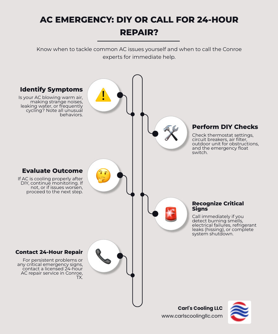 Emergency AC repair decision flowchart showing when to call for immediate help versus trying DIY fixes first, including warning signs like electrical issues, refrigerant leaks, and complete system failure - 24 hour ac repair conroe tx infographic infographic-line-5-steps-neat_beige Emergency AC repair decision flowchart showing when to call for immediate help versus trying DIY fixes first, including warning signs like electrical issues, refrigerant leaks, and complete system failure - 24 hour ac repair conroe tx infographic infographic-line-5-steps-neat_beige