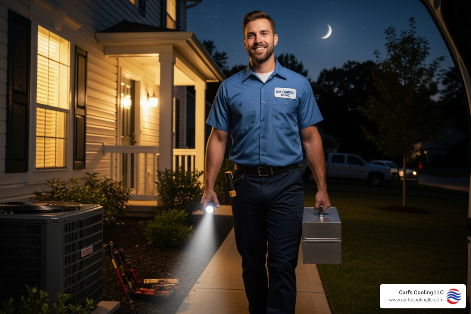 A friendly technician arriving at a home at night to repair an AC unit - 24 hour ac repair conroe tx A friendly technician arriving at a home at night to repair an AC unit - 24 hour ac repair conroe tx