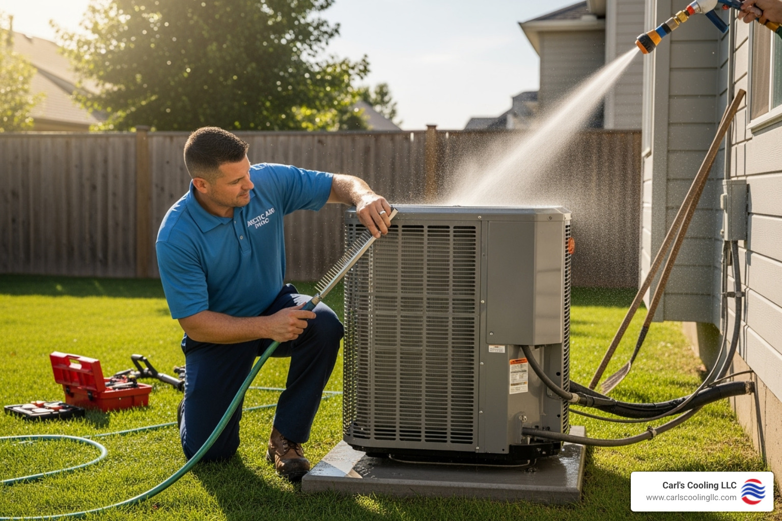 Image of a technician cleaning the coils on an outdoor heat pump unit - energy efficient heat pump