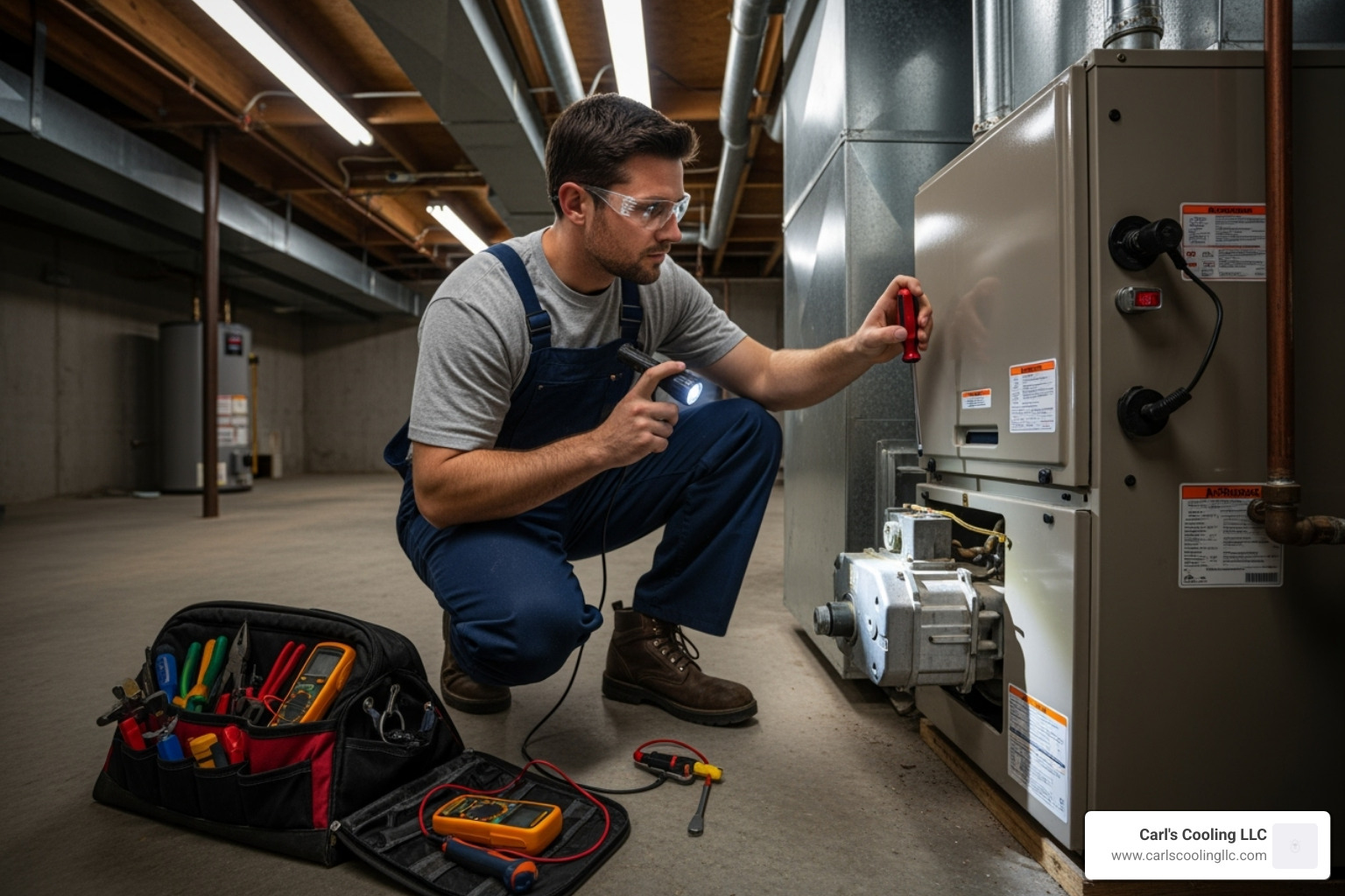 technician performing a furnace tune-up - furnace maintenance plan