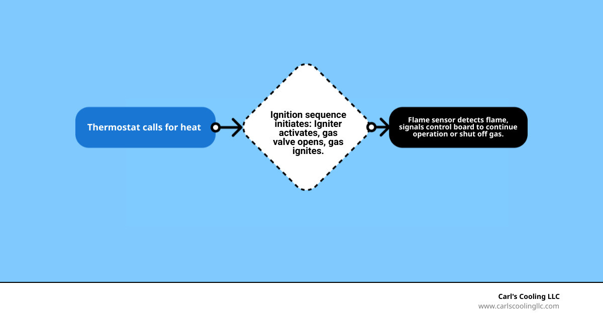 detailed infographic showing the complete furnace ignition sequence from thermostat call for heat through igniter activation to flame sensor detection and gas valve control - Furnace flame sensor infographic flowmap_simple