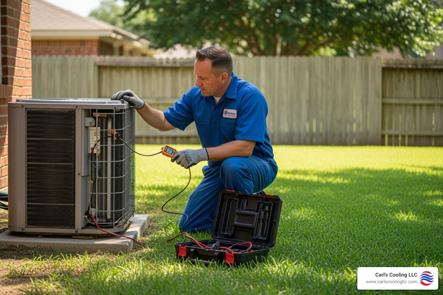 certified technician inspecting an outdoor condenser unit - seasonal ac tune up the woodlands tx