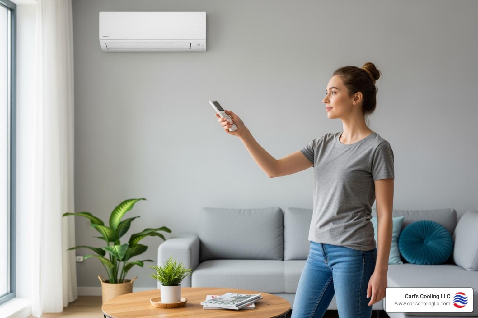 Person using remote control for ductless AC unit - Ductless AC benefits Person using remote control for ductless AC unit - Ductless AC benefits