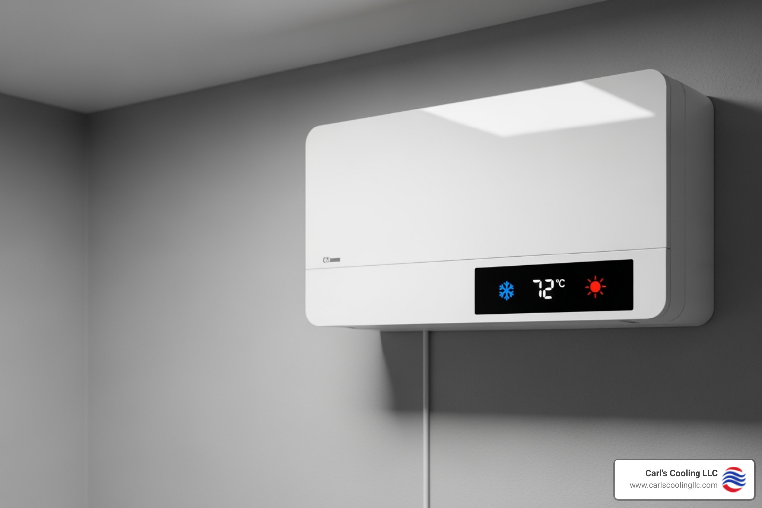 Ductless unit with snowflake and sun icons - Ductless AC benefits Ductless unit with snowflake and sun icons - Ductless AC benefits