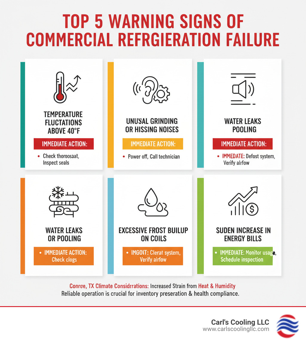 Infographic showing the top 5 warning signs of commercial refrigeration failure: temperature fluctuations above 40°F, unusual grinding or hissing noises, water leaks or pooling, excessive frost buildup on coils, and sudden increases in energy bills - with icons for each warning sign and recommended immediate actions - commercial refrigeration repair conroe infographic Infographic showing the top 5 warning signs of commercial refrigeration failure: temperature fluctuations above 40°F, unusual grinding or hissing noises, water leaks or pooling, excessive frost buildup on coils, and sudden increases in energy bills - with icons for each warning sign and recommended immediate actions - commercial refrigeration repair conroe infographic