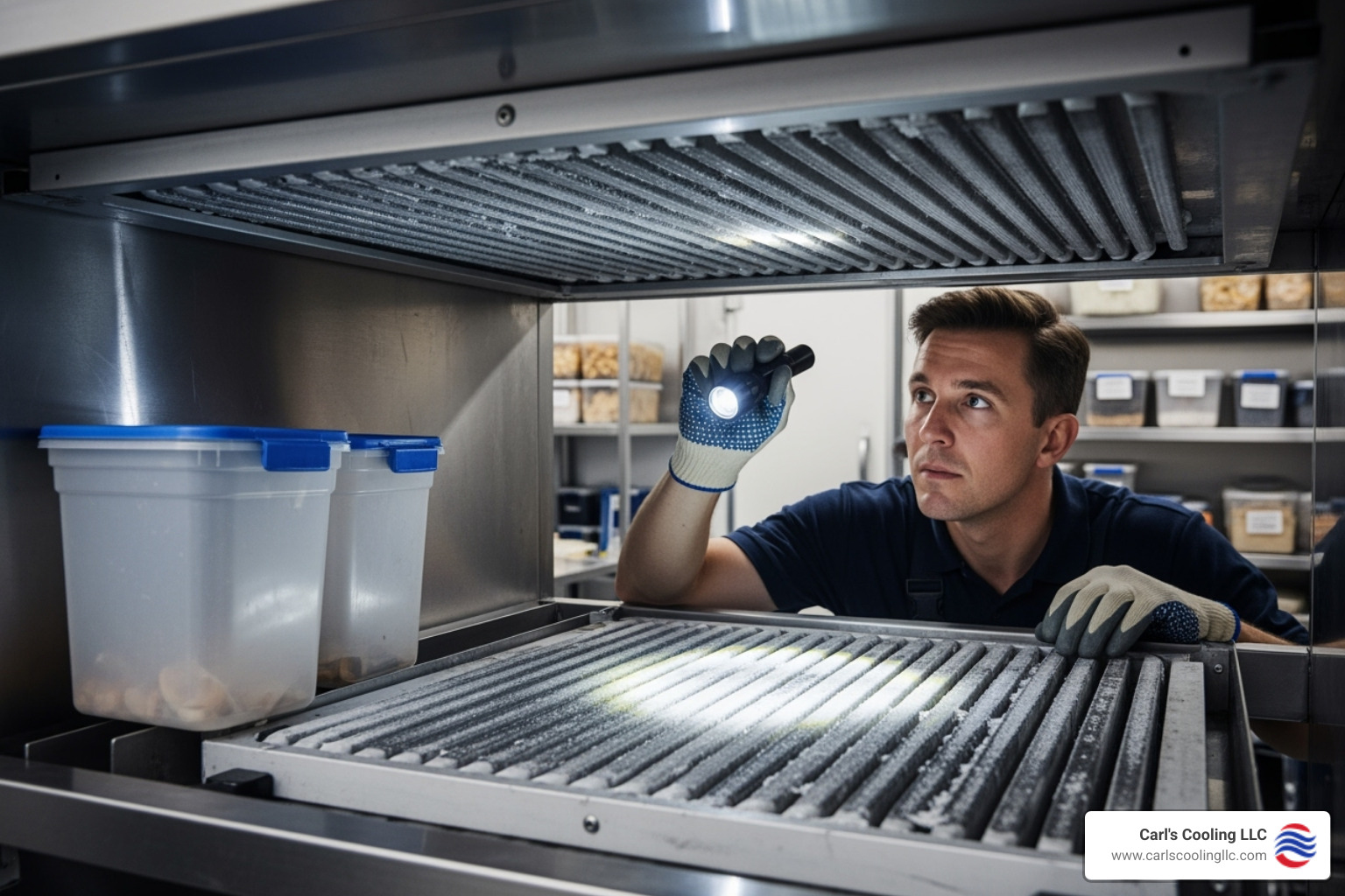 technician inspecting coils of a walk-in cooler - commercial refrigeration repair conroe technician inspecting coils of a walk-in cooler - commercial refrigeration repair conroe
