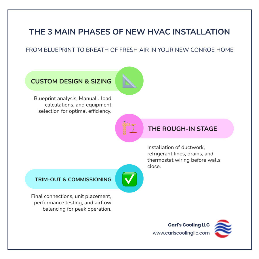 Infographic showing the three main phases of new construction HVAC installation: Phase 1 Design and Planning with blueprint and load calculations, Phase 2 Rough-In Installation with ductwork and wiring in home frame, Phase 3 Trim-Out and Commissioning with final connections and system testing - hvac installation new construction conroe infographic infographic-line-3-steps-colors Infographic showing the three main phases of new construction HVAC installation: Phase 1 Design and Planning with blueprint and load calculations, Phase 2 Rough-In Installation with ductwork and wiring in home frame, Phase 3 Trim-Out and Commissioning with final connections and system testing - hvac installation new construction conroe infographic infographic-line-3-steps-colors