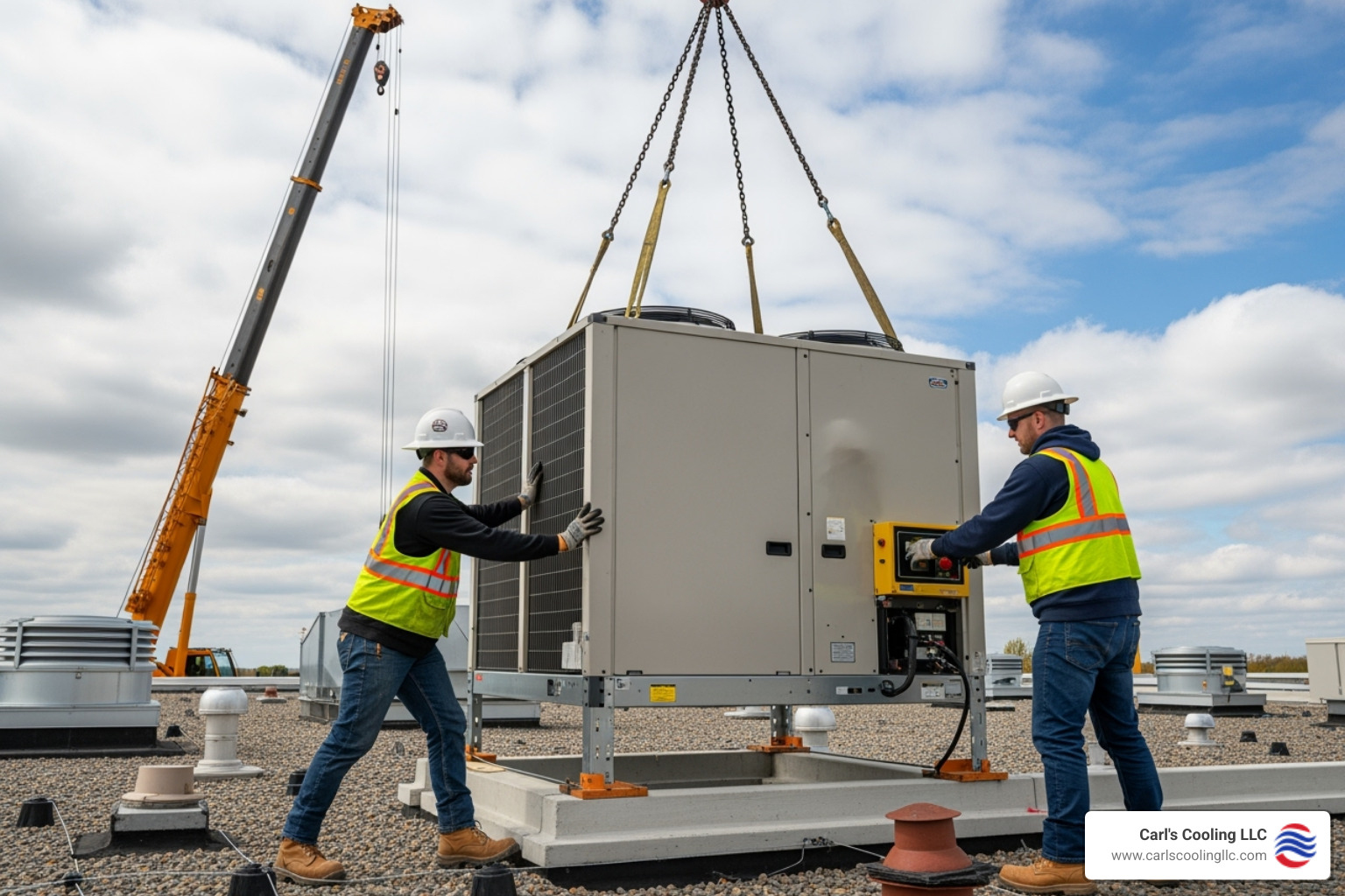 Image of HVAC technicians professionally installing a commercial rooftop unit with a crane in the background - ac installation conroe tx