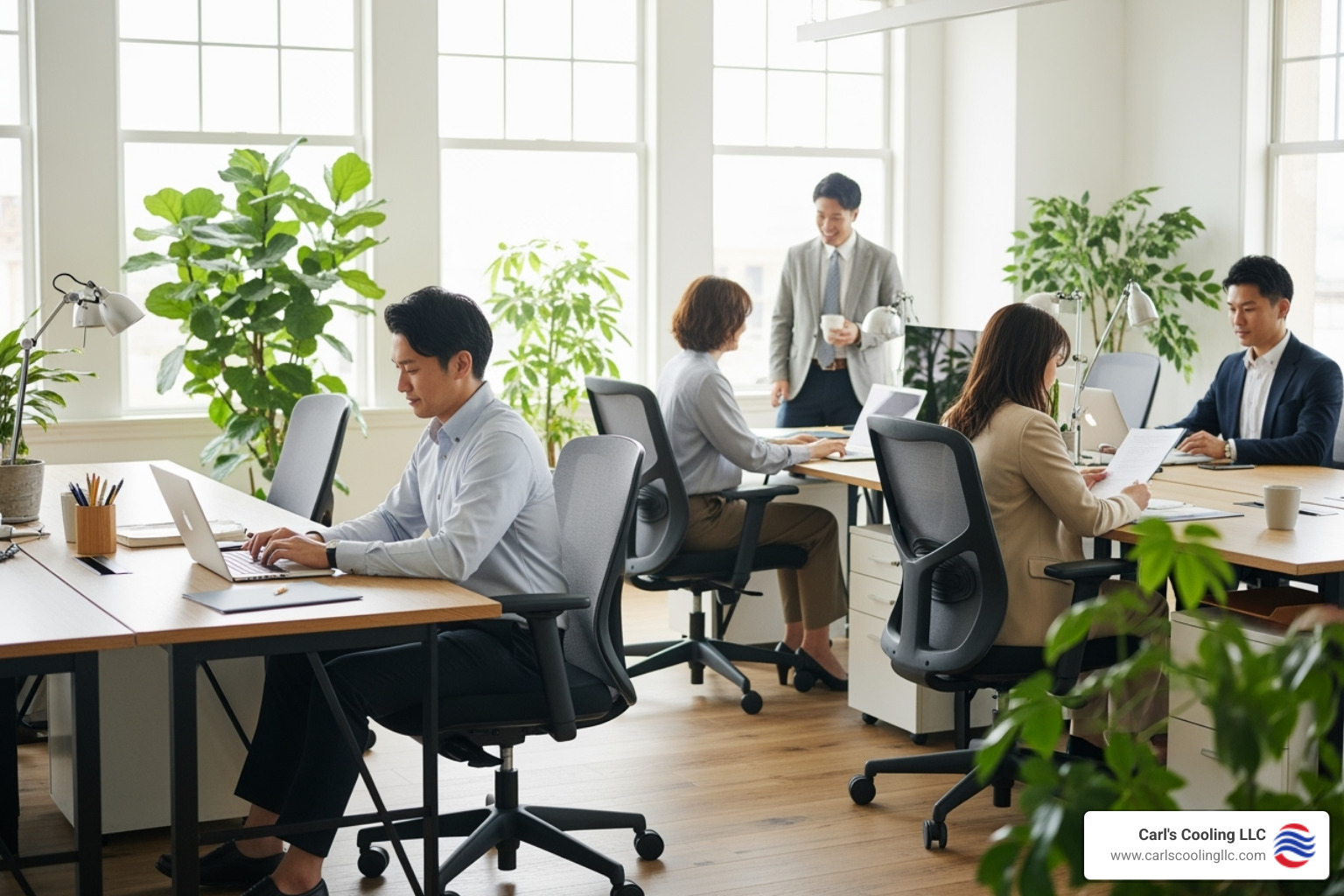 Image of a comfortable, modern commercial interior like an office or retail space, with people working or shopping comfortably - ac installation conroe tx