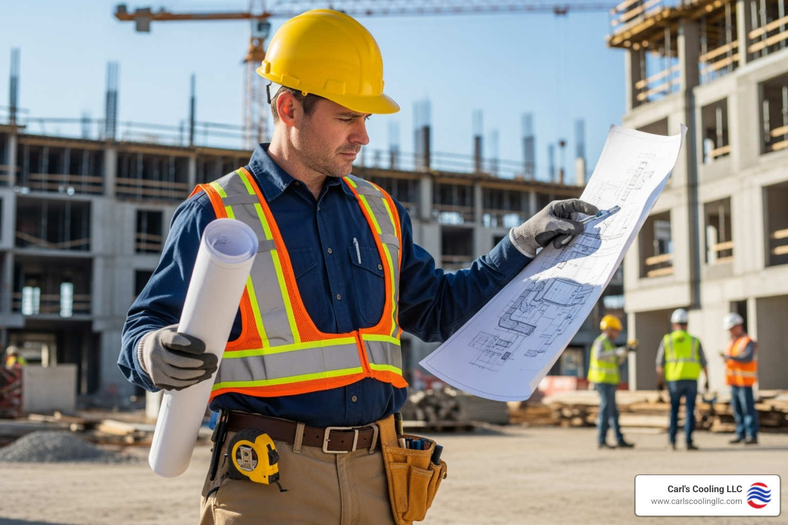 Image of a technician reviewing blueprints on-site with a hard hat and safety vest - ac installation conroe tx