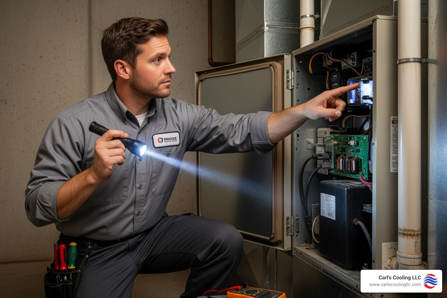 of a technician pointing to a furnace component - heating repair conroe tx