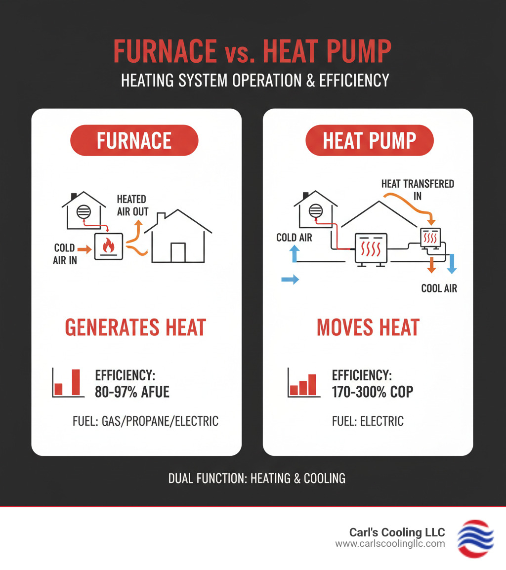 Infographic comparing furnace vs heat pump operation with diagrams and efficiency ratings - heating repair conroe tx infographic Infographic comparing furnace vs heat pump operation with diagrams and efficiency ratings - heating repair conroe tx infographic