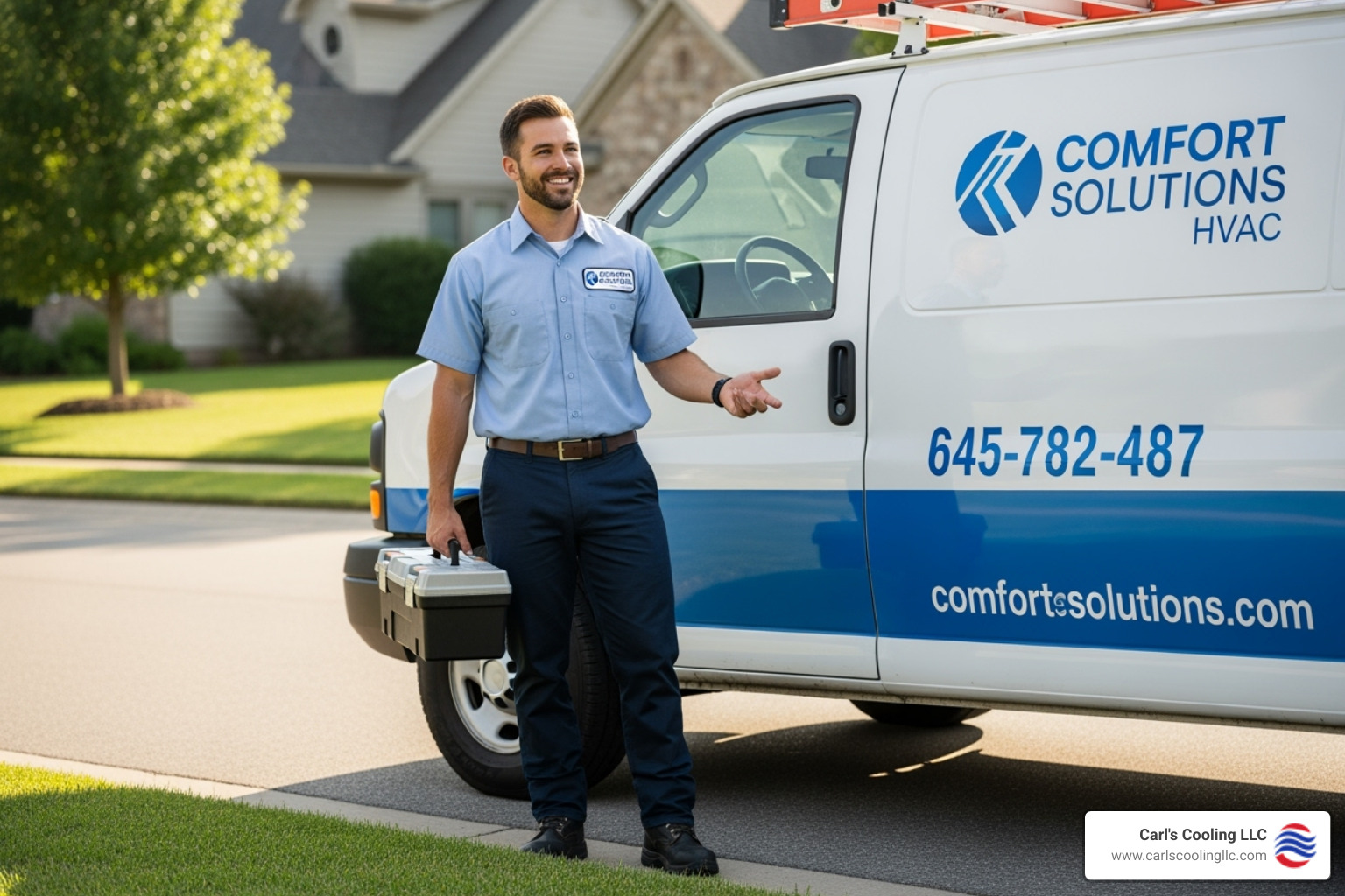 friendly, professional HVAC technician with service van - residential ac repair conroe