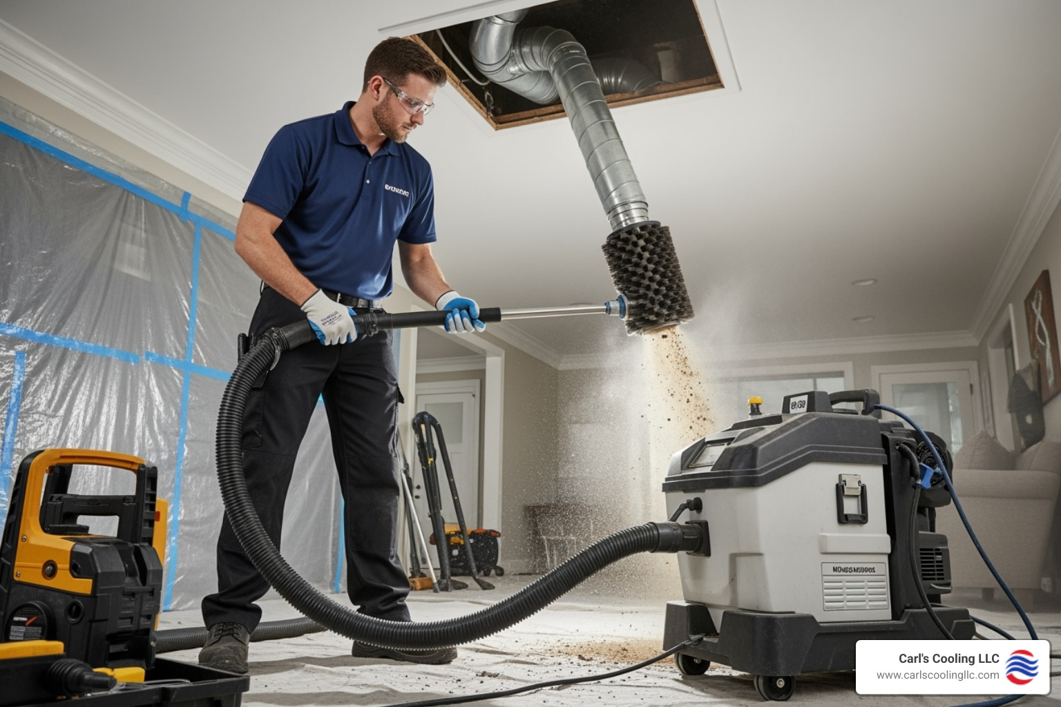 technician using high-powered vacuum and brush system - duct cleaning conroe tx technician using high-powered vacuum and brush system - duct cleaning conroe tx