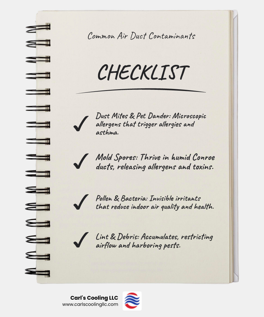 Comprehensive infographic showing common air duct contaminants found in Conroe homes including dust mites, pet dander, pollen, mold spores, bacteria, lint, and debris, with visual representation of before and after duct cleaning results - duct cleaning conroe tx infographic checklist-notebook Comprehensive infographic showing common air duct contaminants found in Conroe homes including dust mites, pet dander, pollen, mold spores, bacteria, lint, and debris, with visual representation of before and after duct cleaning results - duct cleaning conroe tx infographic checklist-notebook