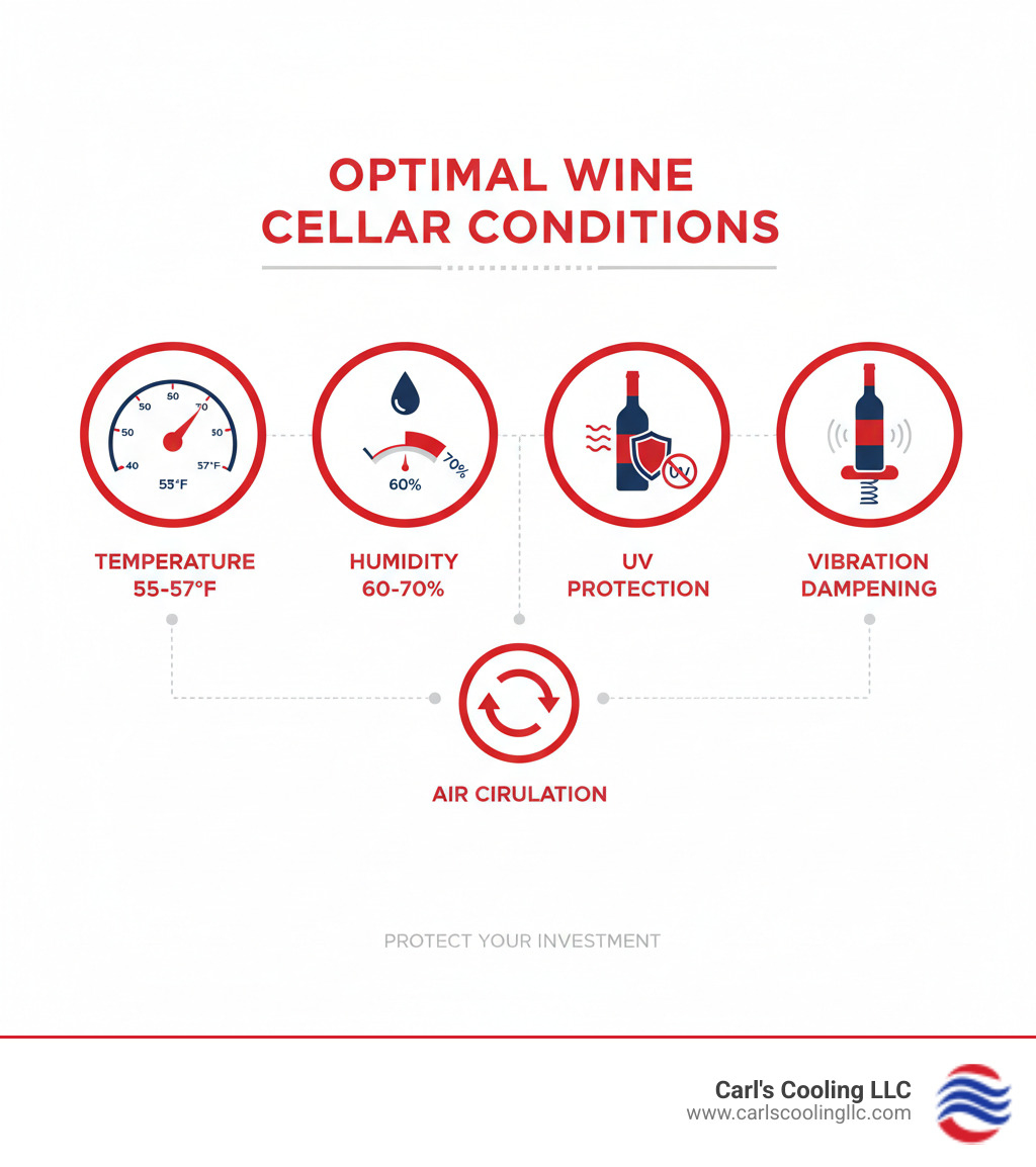Detailed infographic showing optimal wine cellar conditions with temperature gauge at 55-57°F, humidity meter at 60-70%, UV protection symbols, vibration dampening illustration, and air circulation arrows demonstrating proper wine storage environment - wine cellar cooling system conroe infographic 