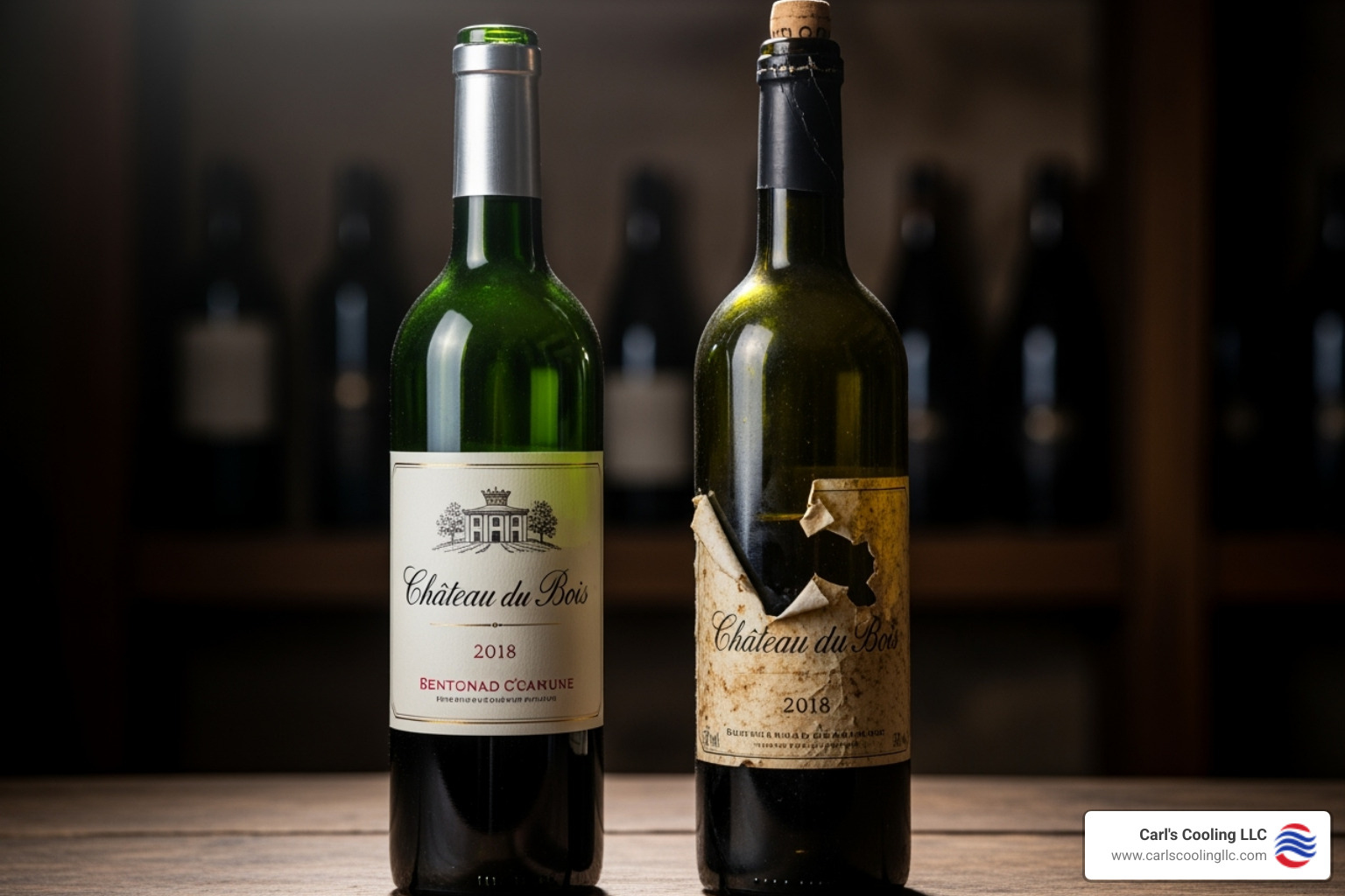 image of a wine bottle with a pristine label and cork next to one with a damaged, peeling label. - wine cellar cooling system conroe