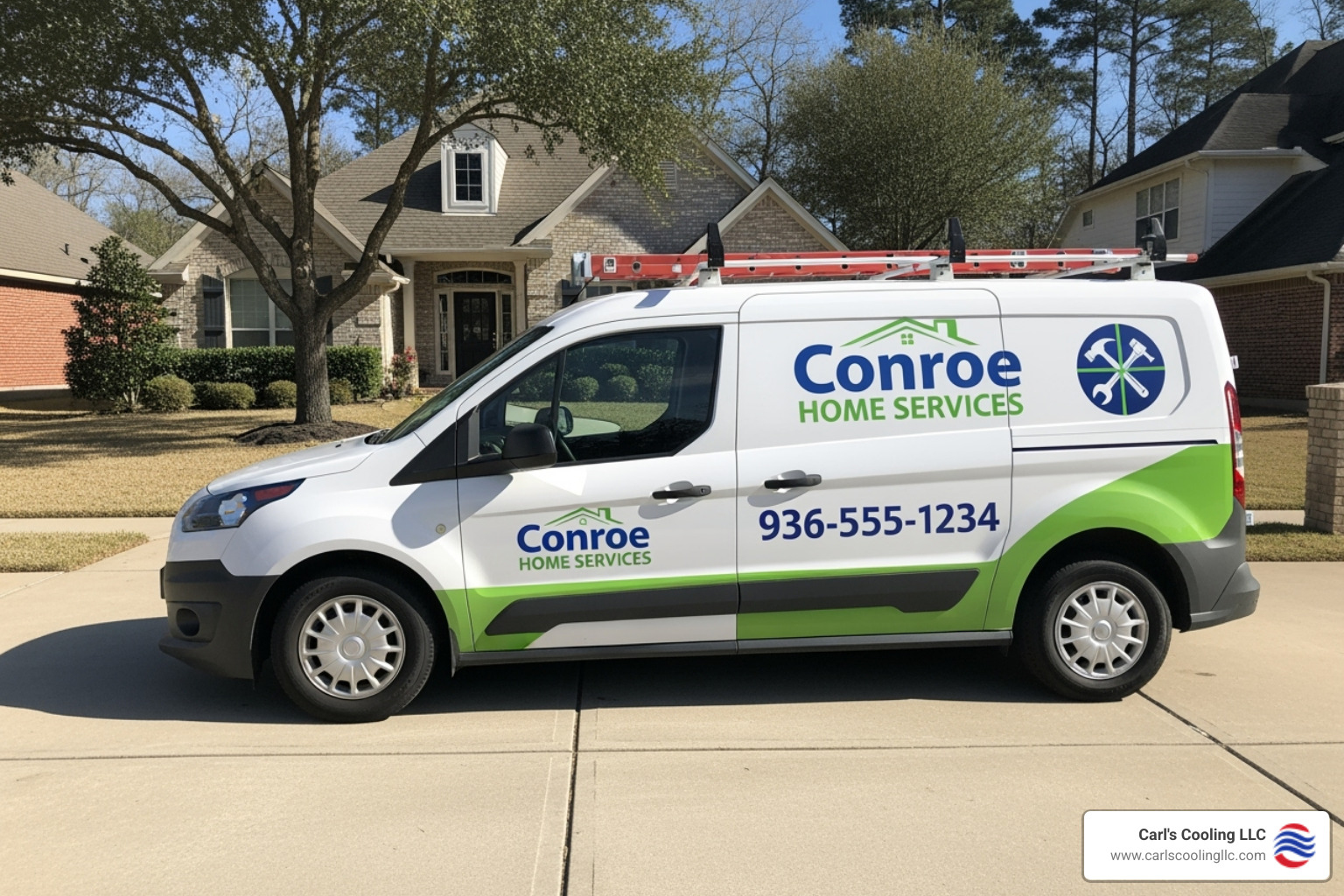 Branded service van parked in a clean Conroe driveway - residential ac maintenance conroe