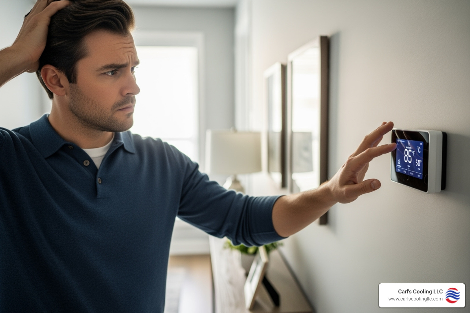 Homeowner looking concerned at a thermostat - residential ac maintenance conroe