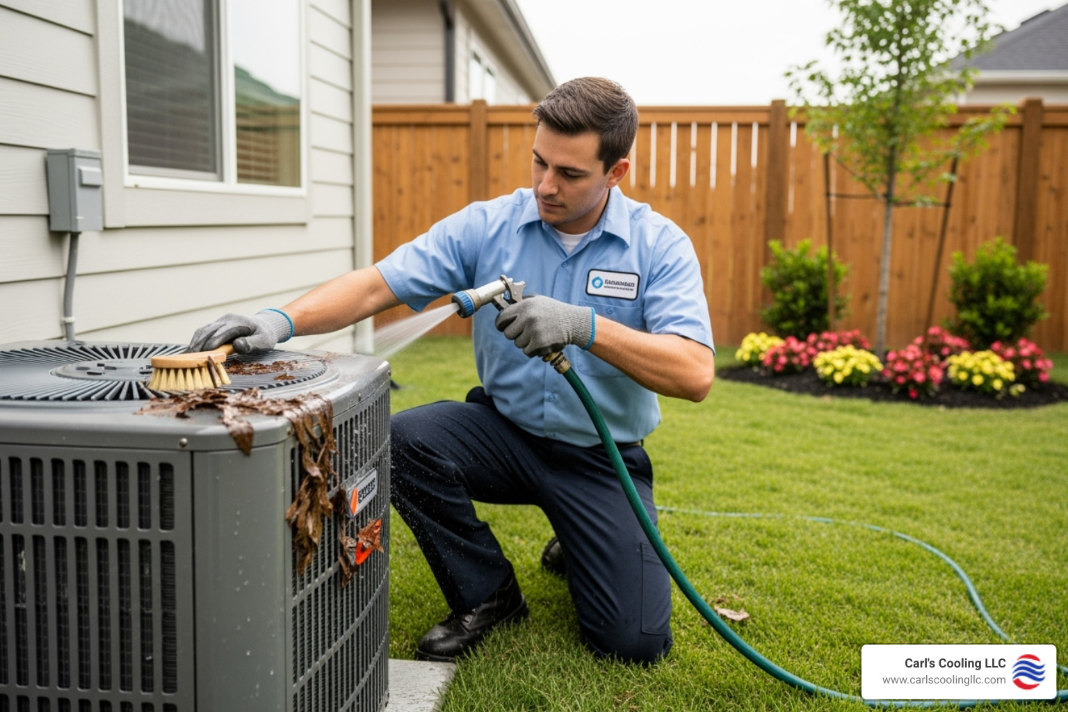 Technician cleaning an outdoor condenser unit - residential ac maintenance conroe