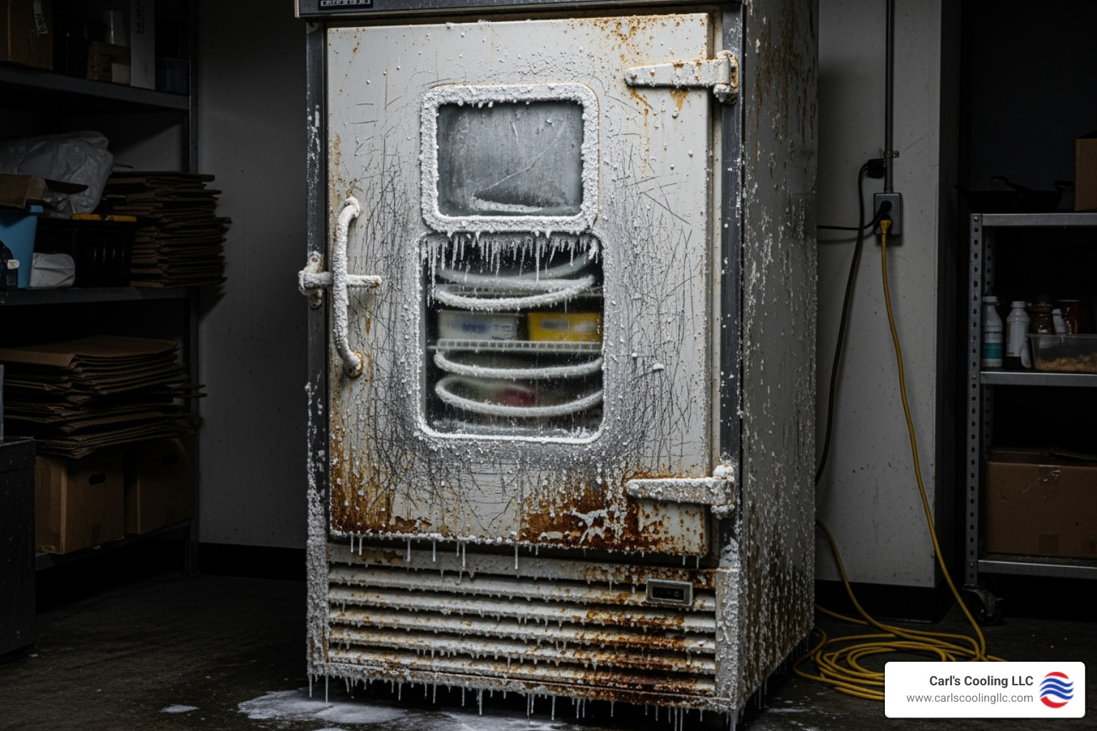an old, inefficient cooler with frost buildup - refrigeration installation conroe tx
