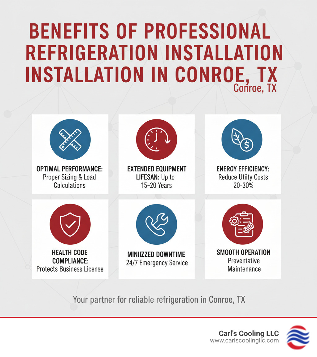 Infographic showing the key benefits of professional refrigeration installation in Conroe TX: proper sizing and load calculations ensure optimal performance, professional installation maximizes equipment lifespan up to 15-20 years, energy-efficient systems reduce utility costs by 20-30%, compliance with health codes protects your business license, 24/7 emergency service minimizes costly downtime, and preventative maintenance plans keep systems running smoothly - refrigeration installation conroe tx infographic 