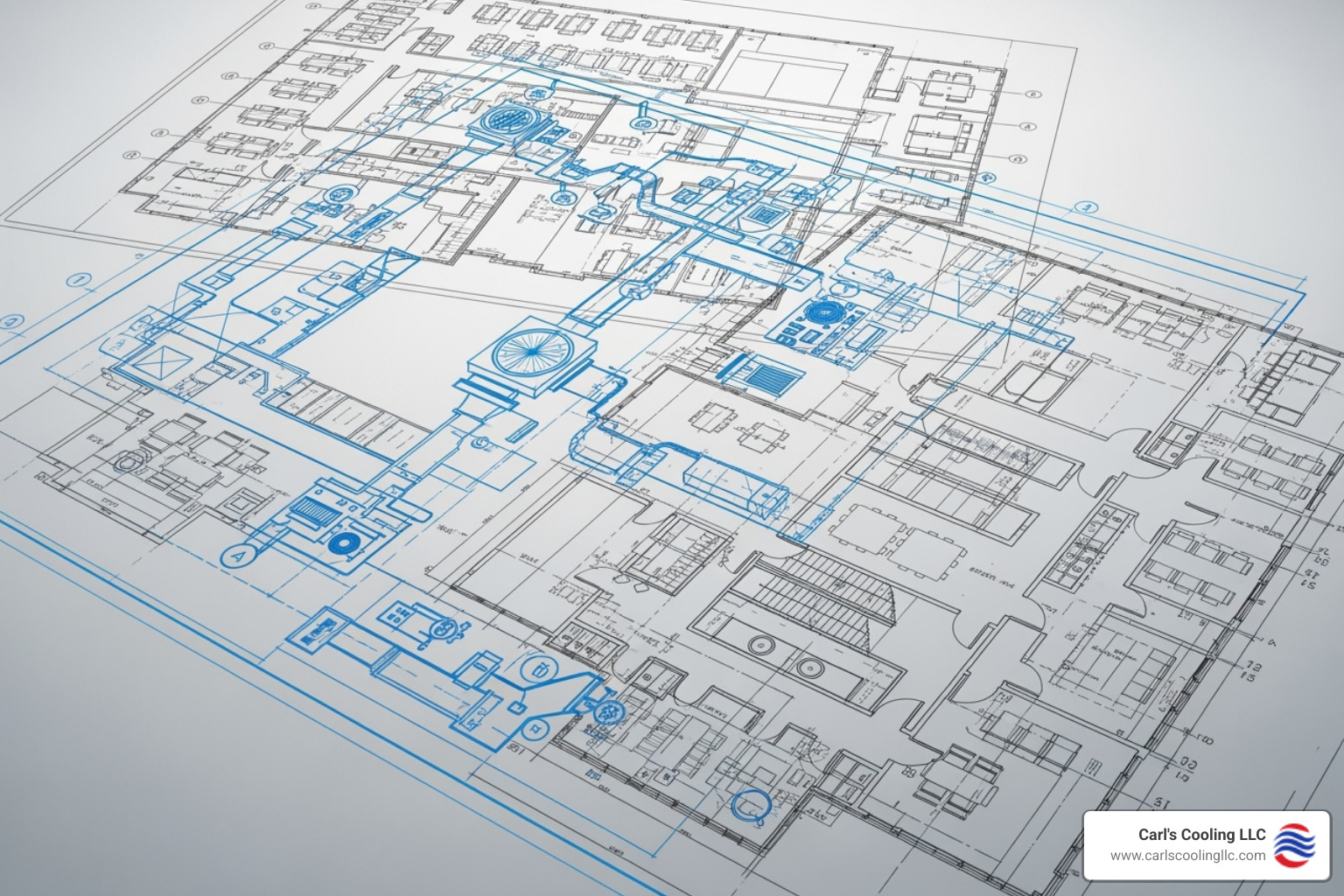 HVAC blueprint overlaid on an architectural drawing - commercial new construction hvac conroe