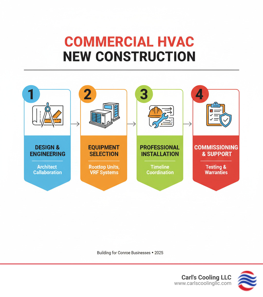 Infographic showing the four key stages of commercial HVAC new construction: Stage 1 Design & Engineering with architect collaboration, Stage 2 Equipment Selection with system types like rooftop units and VRF, Stage 3 Professional Installation with timeline coordination, Stage 4 Commissioning & Support with testing and warranties - commercial new construction hvac conroe infographic 