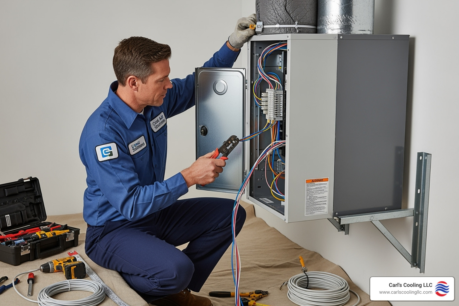 Technician carefully connecting an indoor air handler unit - residential ac installation conroe