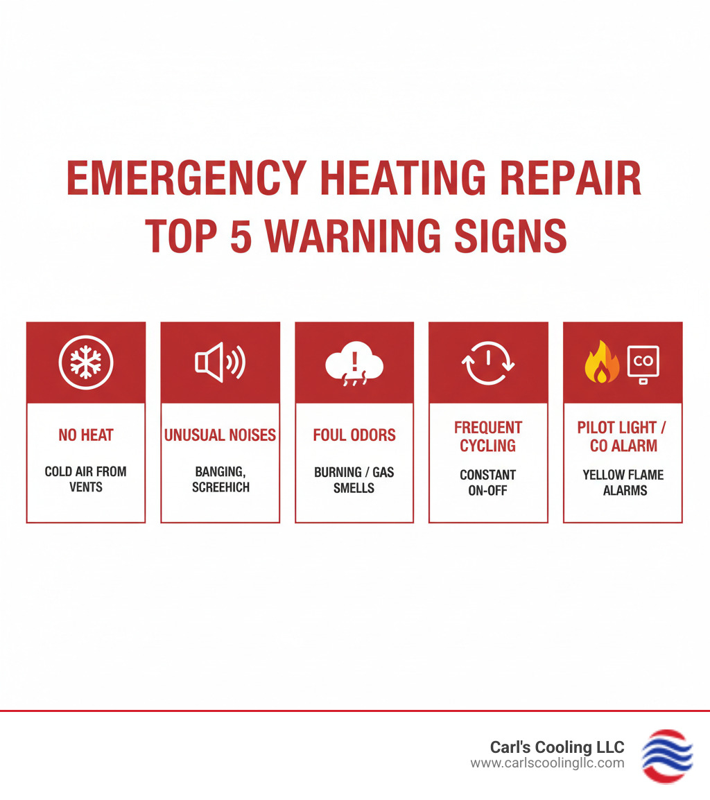 Infographic showing the top 5 warning signs that require emergency heating repair: no heat production with cold air from vents, unusual noises like banging or screeching, foul odors including burning or gas smells, frequent on-off cycling, and yellow pilot light or carbon monoxide detector alarms - emergency heating repair conroe infographic 