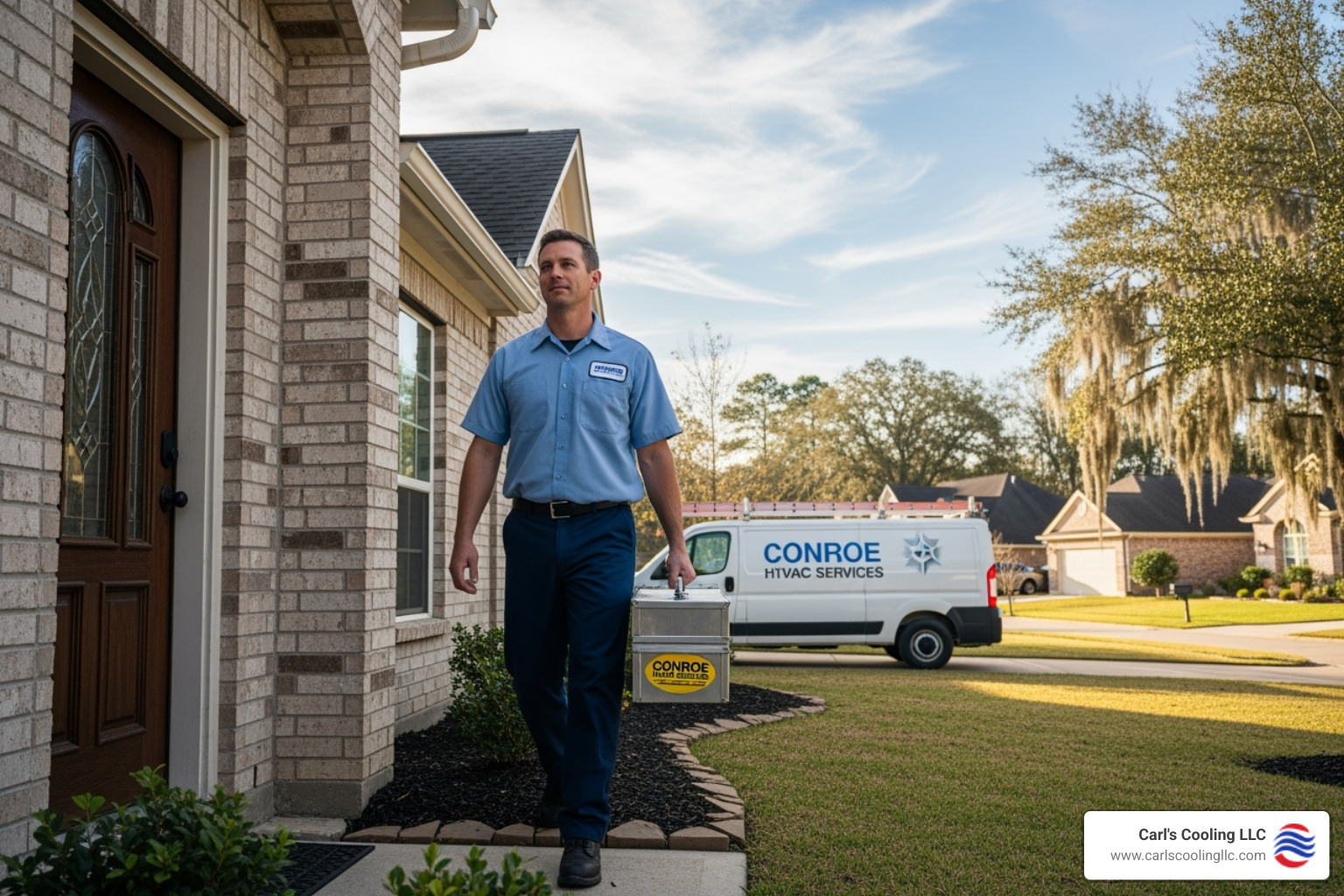 A professional HVAC technician arriving at a home in Conroe, carrying a toolbox - emergency heating repair conroe