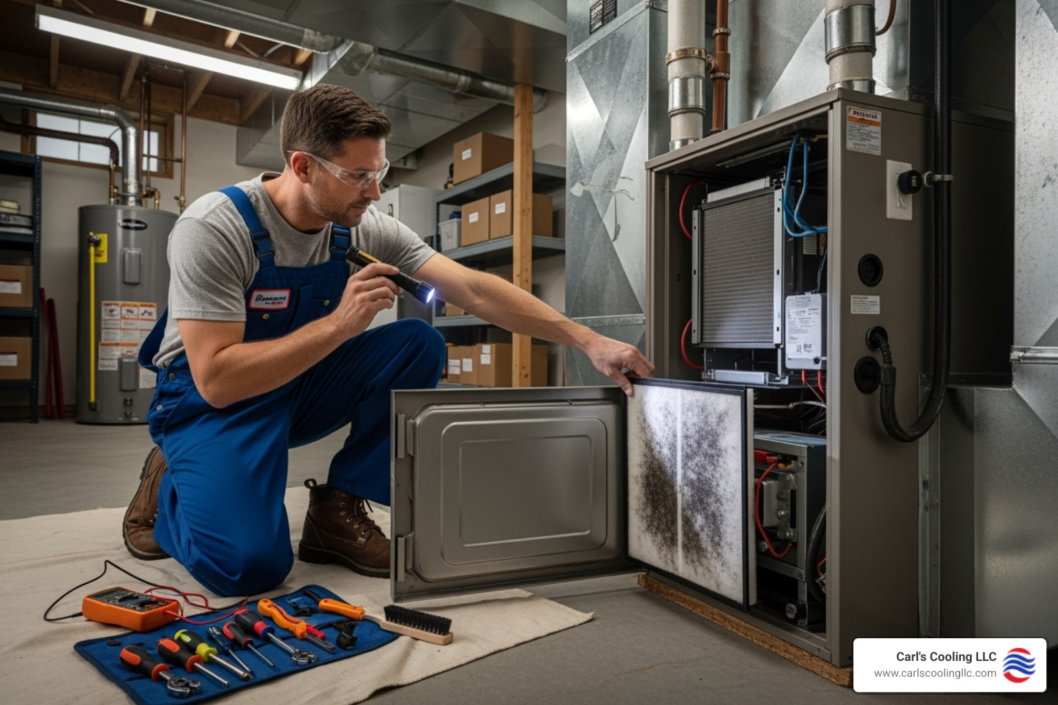 A technician performing maintenance on a furnace, checking components and cleaning filters - emergency heating repair conroe
